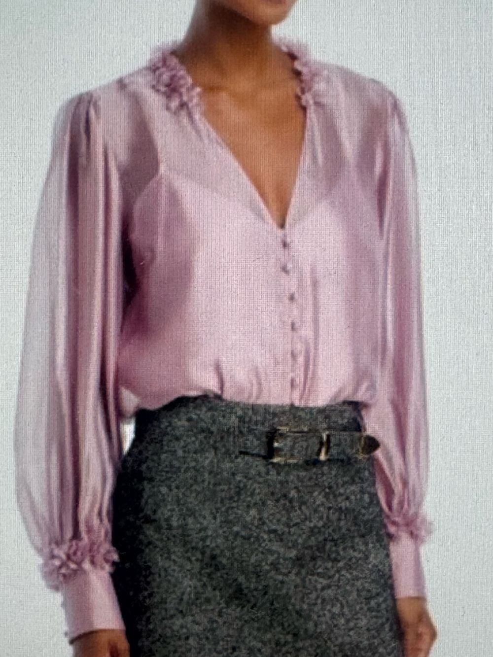 Aqua Dusty Rose Satin Pearl-Button Blouse, Size XXS